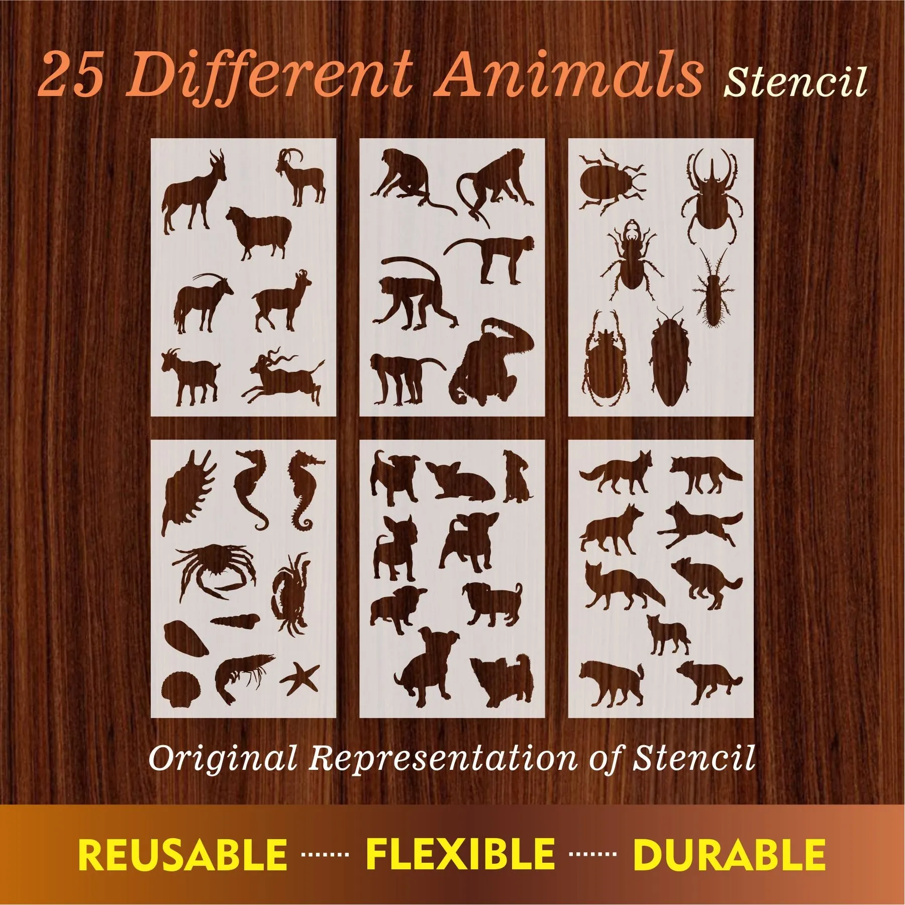 25 Different Animals Reusable Stencil For Canvas And Wall Painting.ID#223