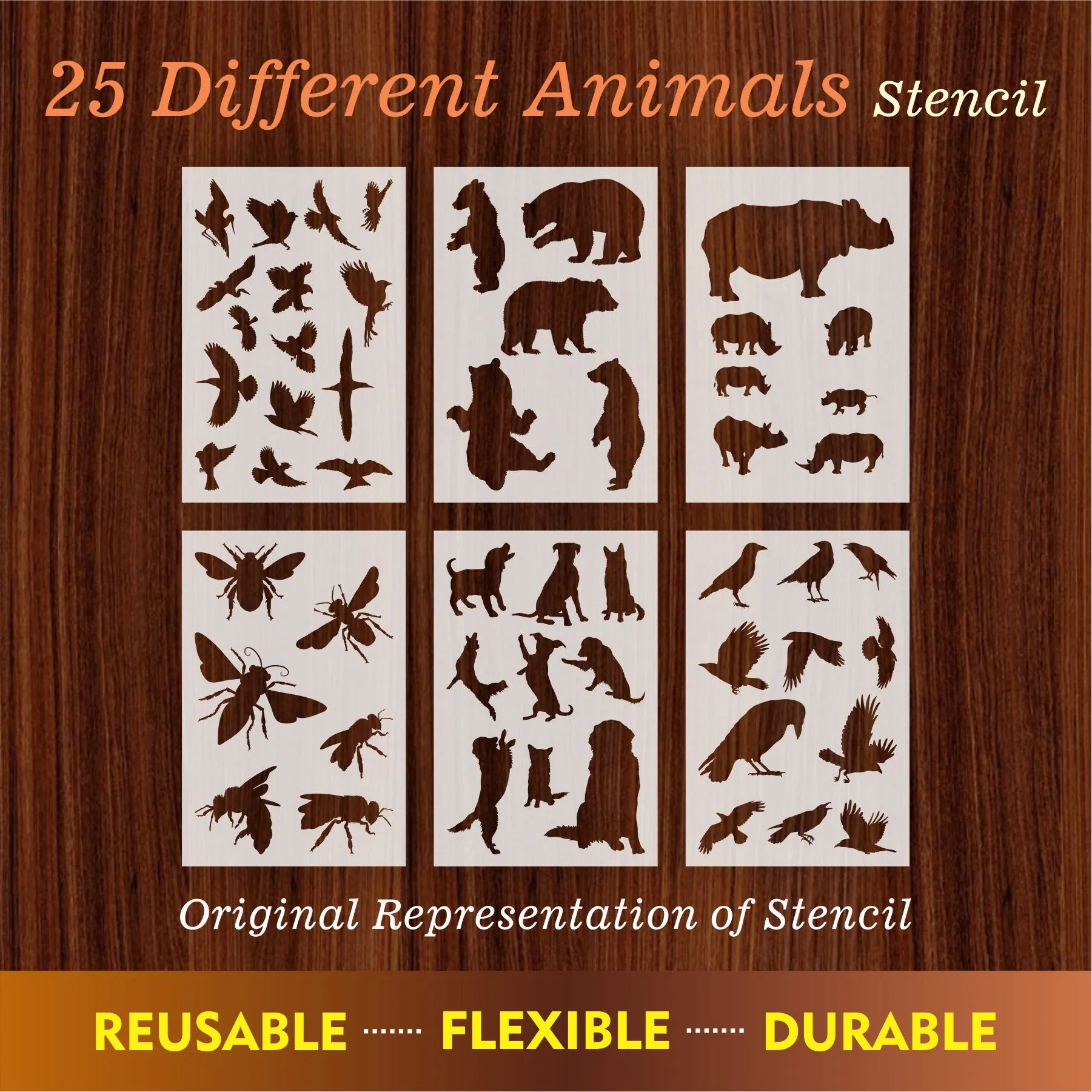 25 Different Animals Reusable Stencil For Canvas And Wall Painting.ID#223