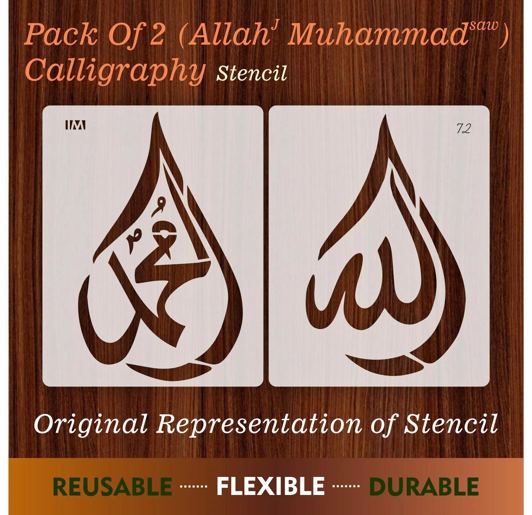 2Pcs(Allah Muhammad) Calligraphy Islamic Reusable Stencil for Canvas and wall painting.ID#72