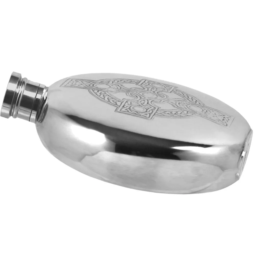 6oz Round Pewter Hip Flask with Intricate Celtic Cross Design