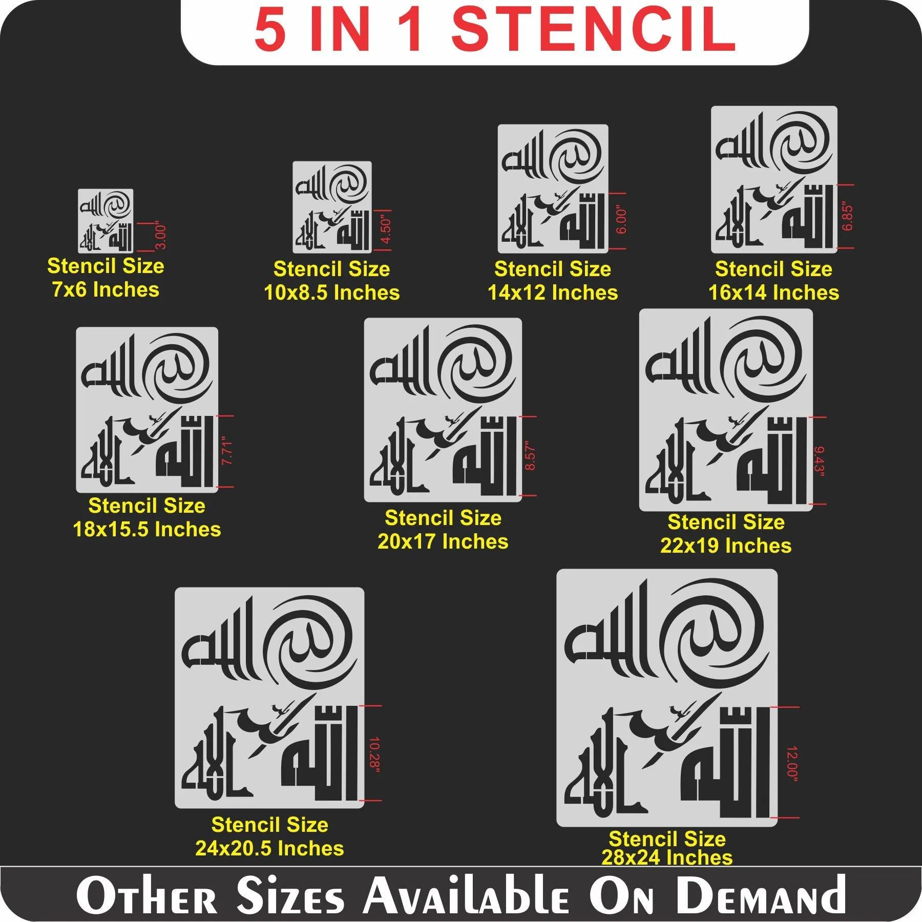 Allah in 5 Font Styles Calligraphy Islamic Reusable Stencil for Canvas and wall painting.ID#4125A
