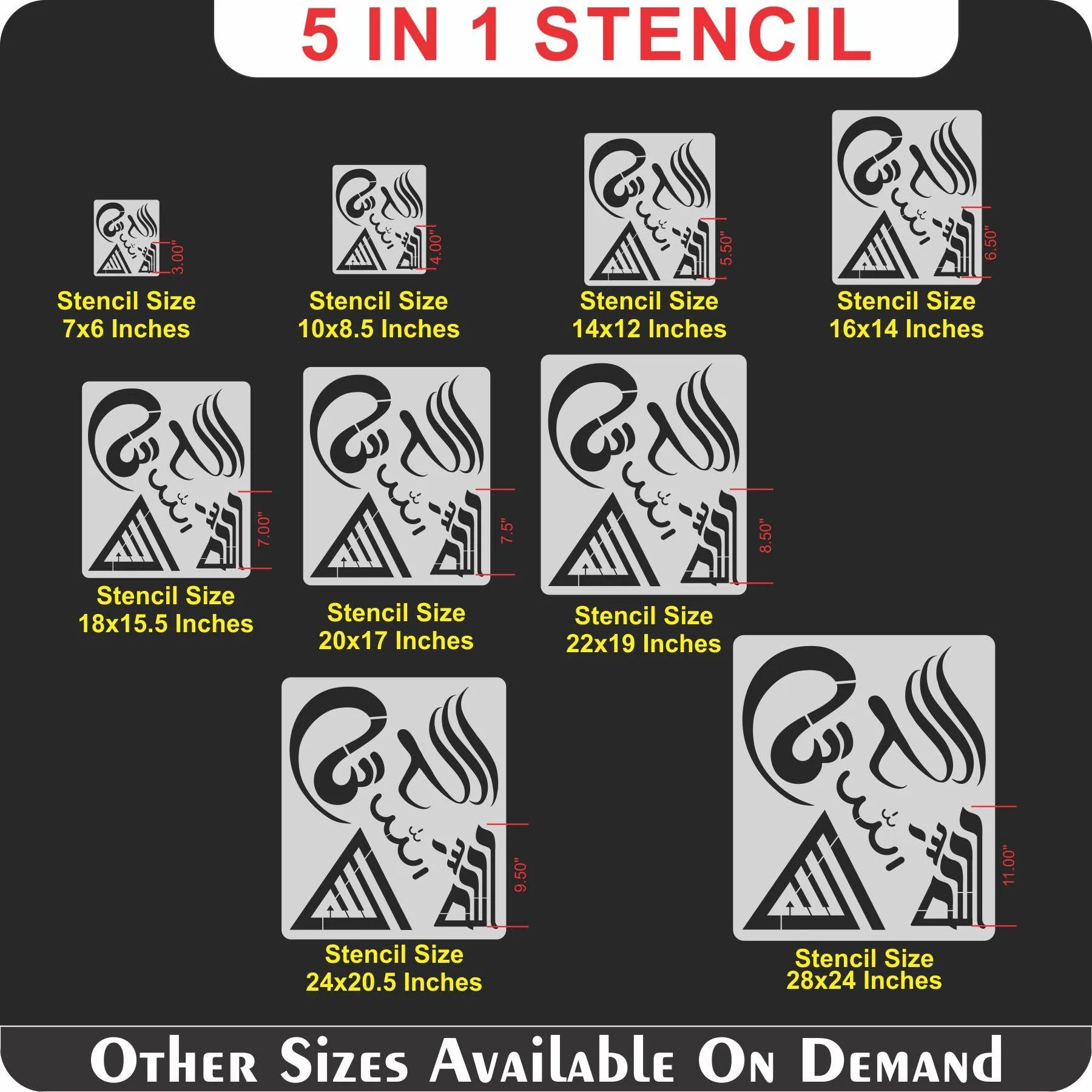 Allah in 5 Font Styles Calligraphy Islamic Reusable Stencil for Canvas and wall painting.ID#4125C