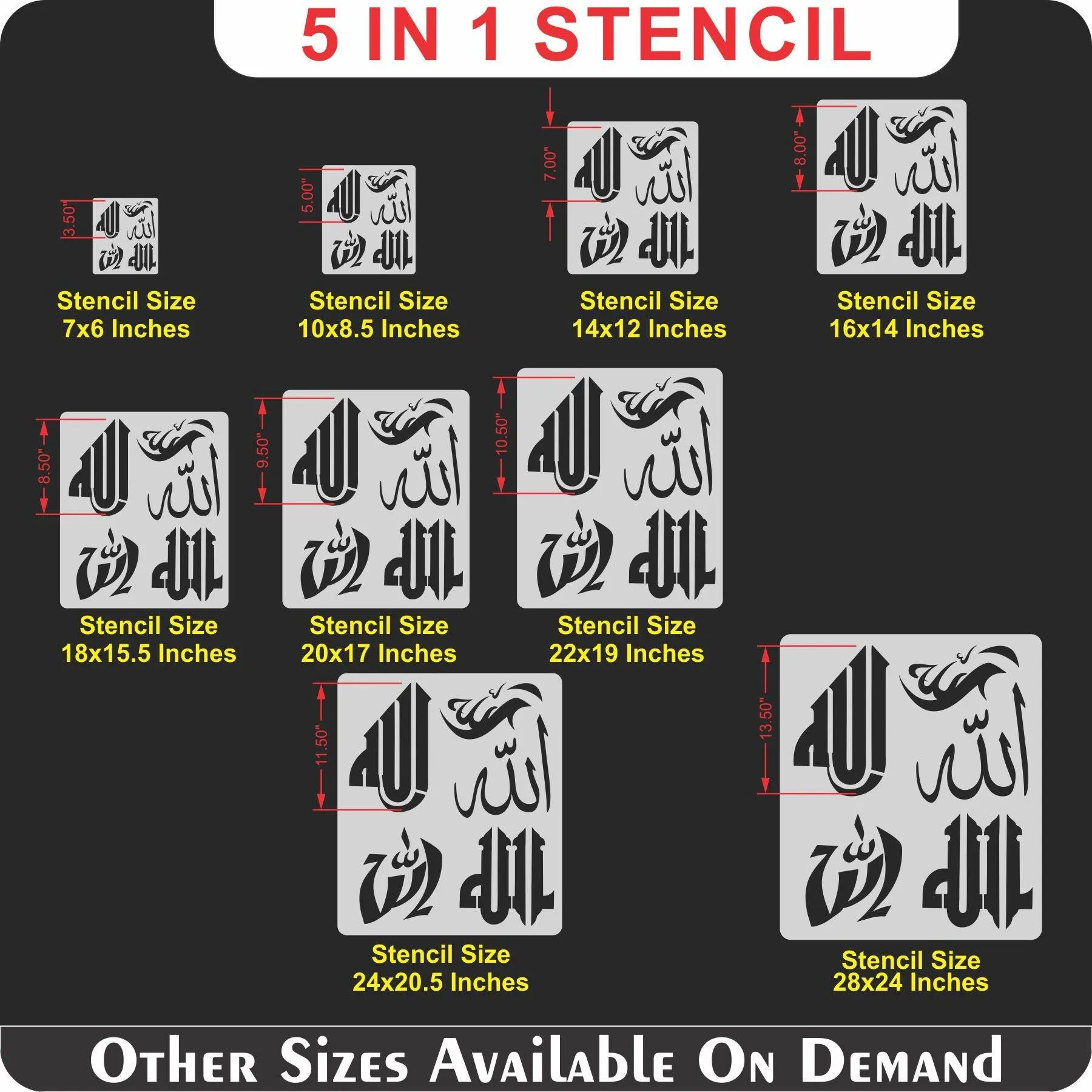 Allah in 5 Font Styles Calligraphy Islamic Reusable Stencil for Canvas and wall painting.ID#4125D