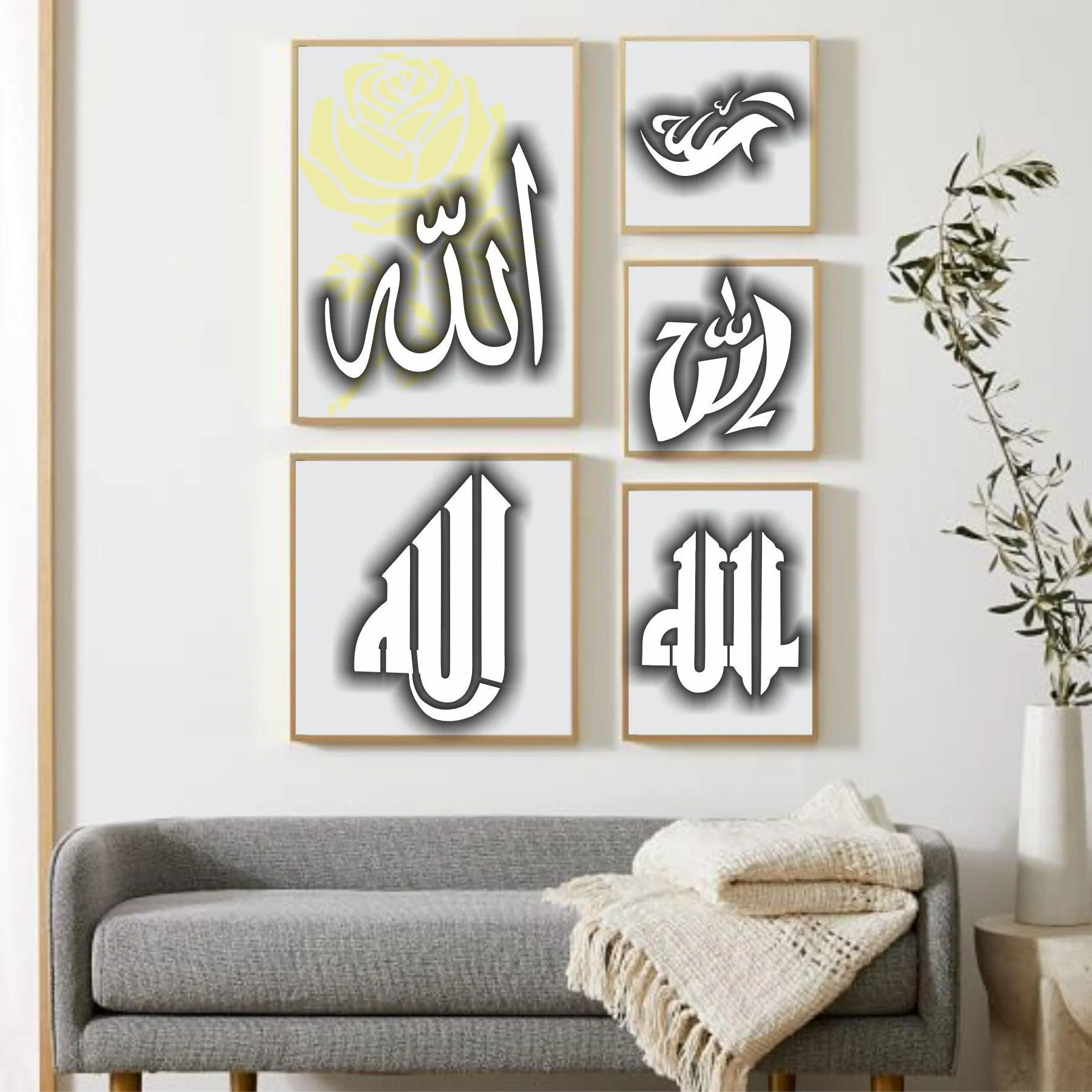 Allah in 5 Font Styles Calligraphy Islamic Reusable Stencil for Canvas and wall painting.ID#4125D