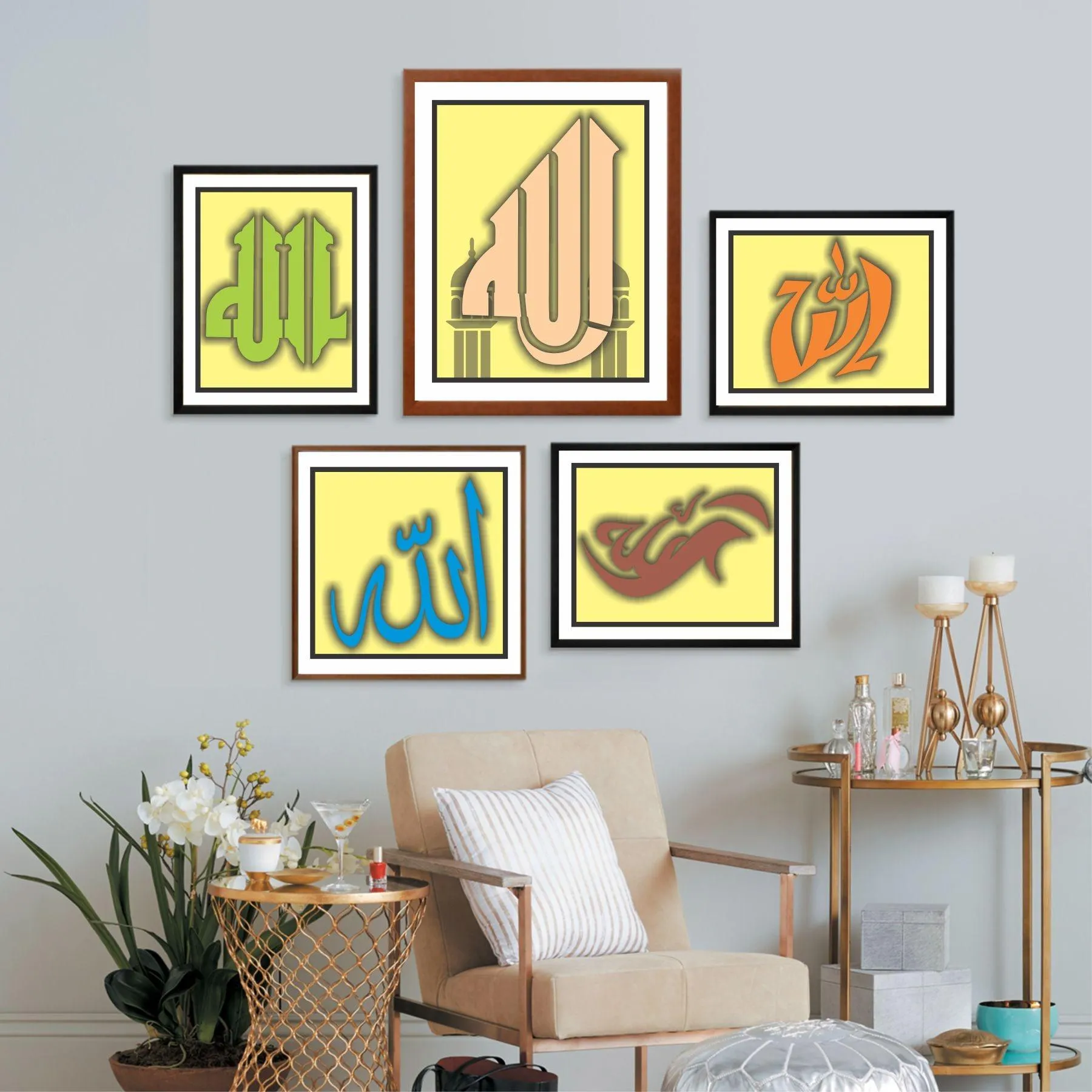 Allah in 5 Font Styles Calligraphy Islamic Reusable Stencil for Canvas and wall painting.ID#4125D