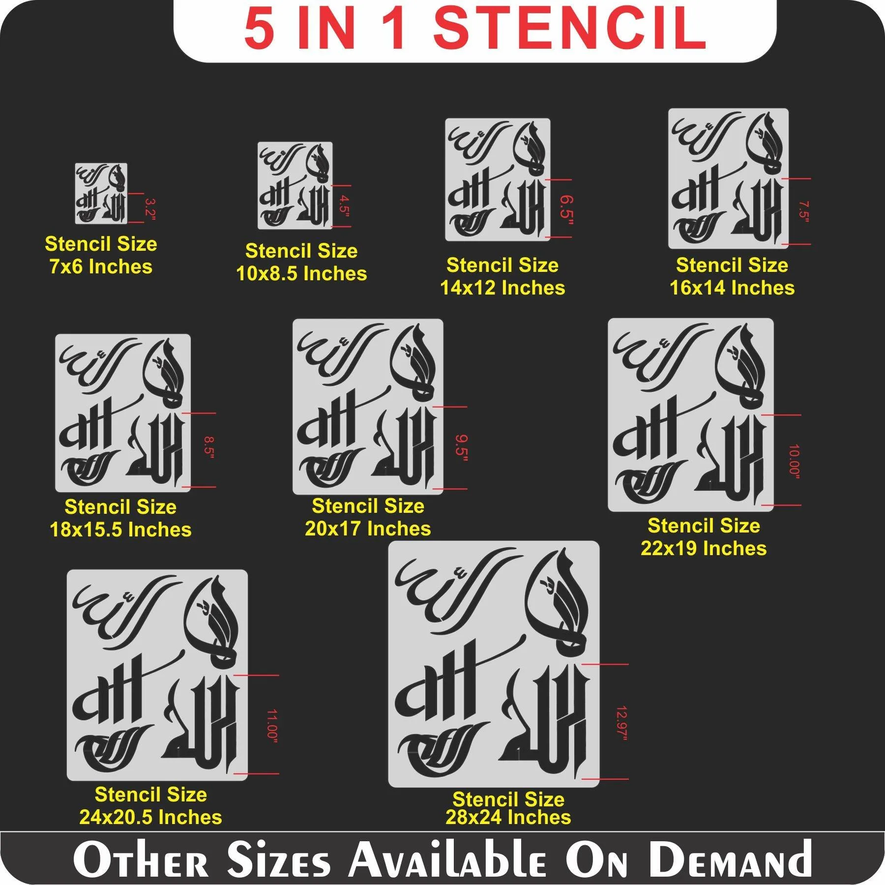 Allah in 5 Fonts  Calligraphy Islamic Reusable Stencil for Canvas and wall painting.ID#4125F