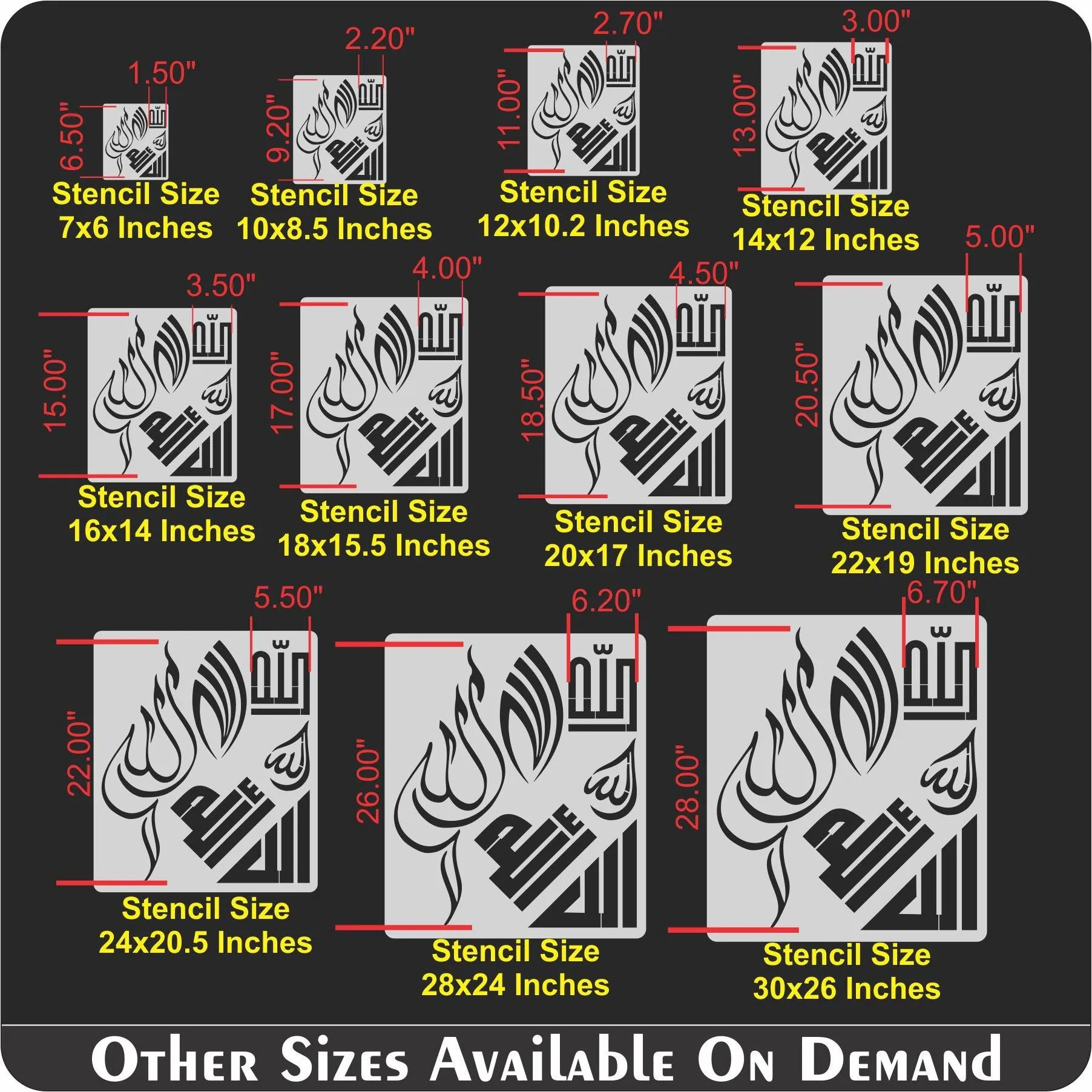 Allah in 6 Font Styles Calligraphy Islamic Reusable Stencil for Canvas and wall painting.ID#4125