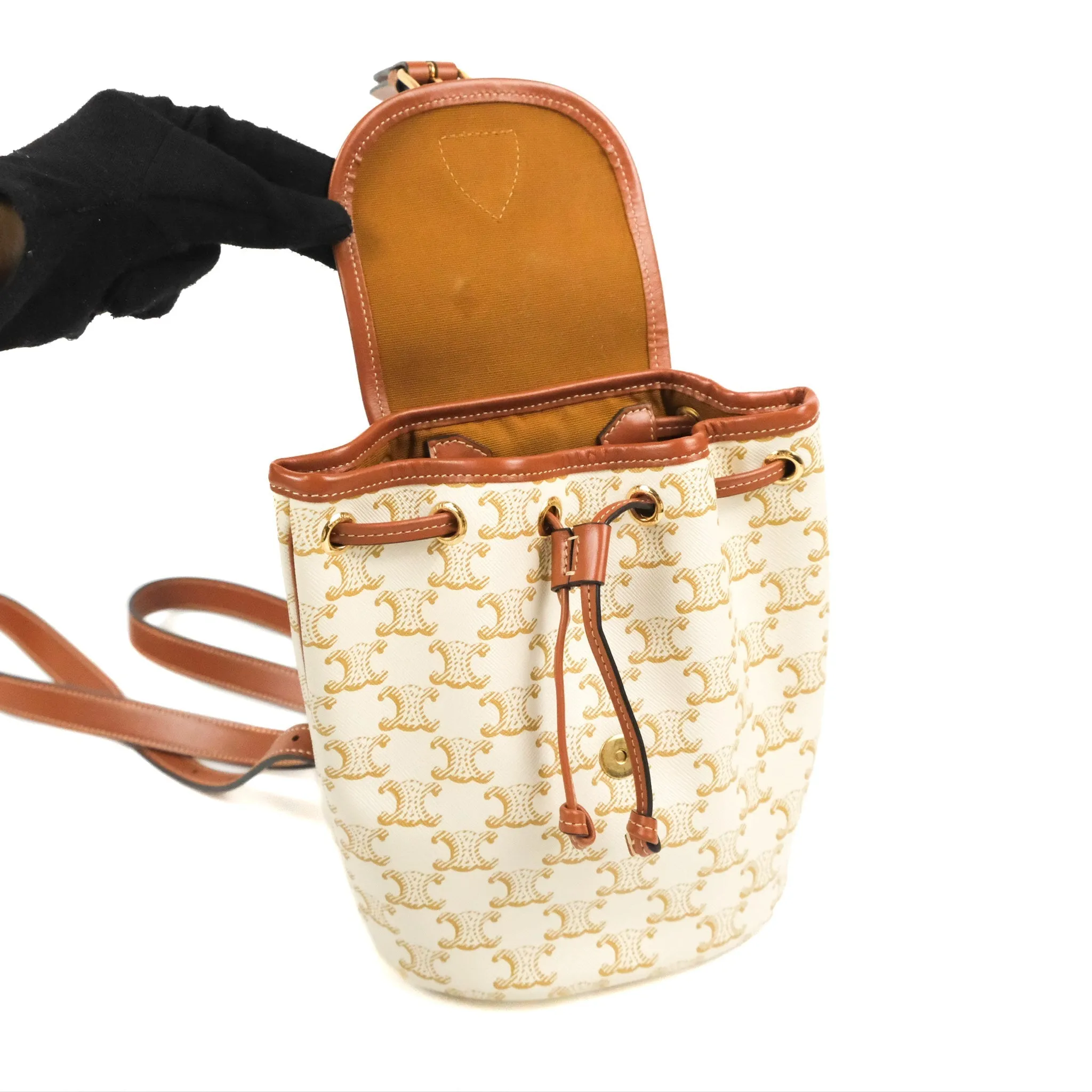 Celine Mini Floco Backpack Triomphe Canvas White Tan Calfskin