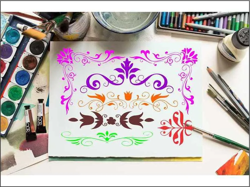Different Borders in 1 Reusable Stencil for Canvas and wall painting.ID#67