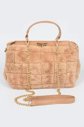 Embossed Fur Top Handle Bag