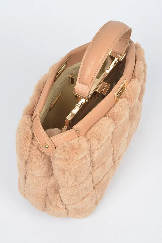 Embossed Fur Top Handle Bag