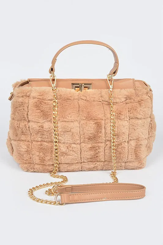 Embossed Fur Top Handle Bag