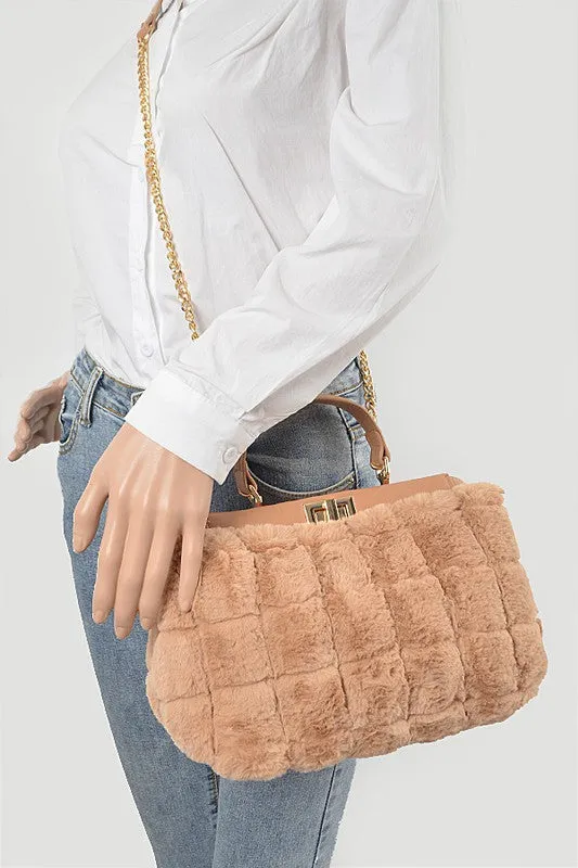 Embossed Fur Top Handle Bag
