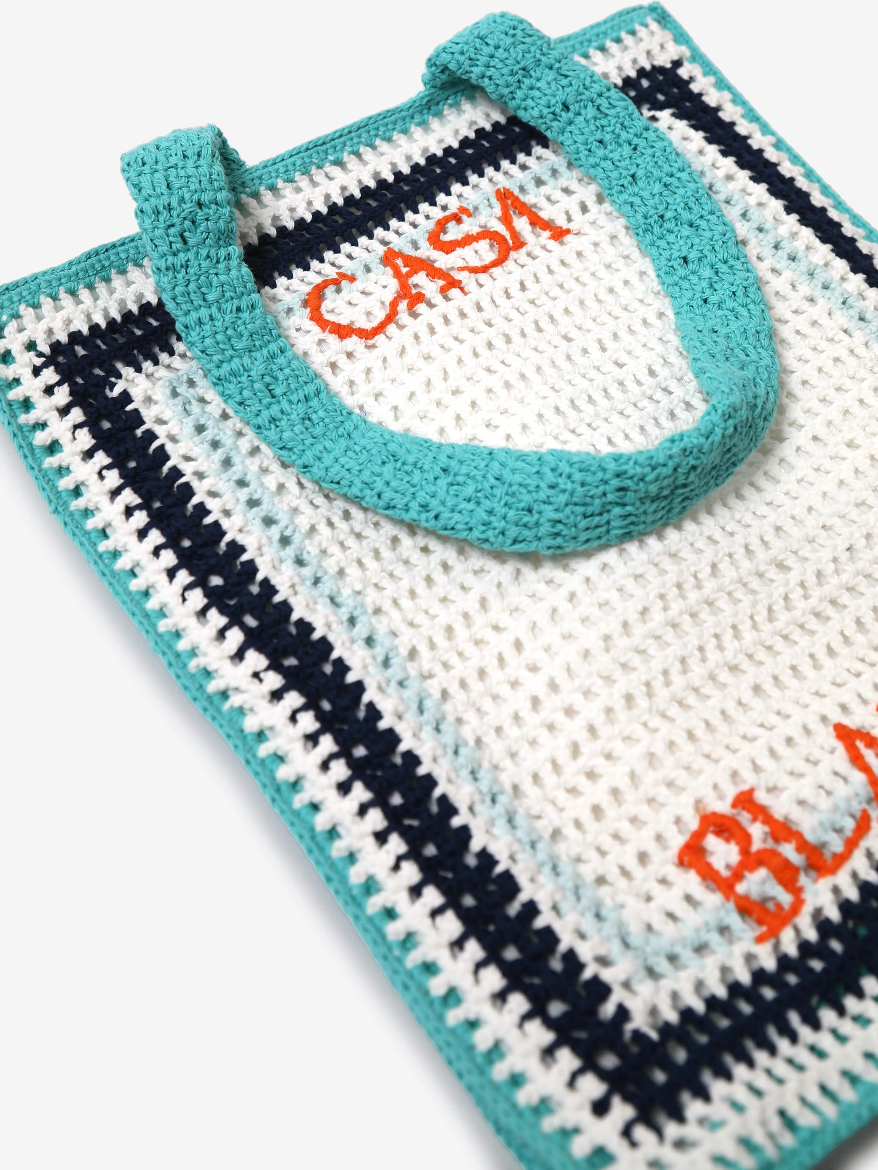 Girls Crochet Tennis Stripe Tote Bag in Blue (36cm)