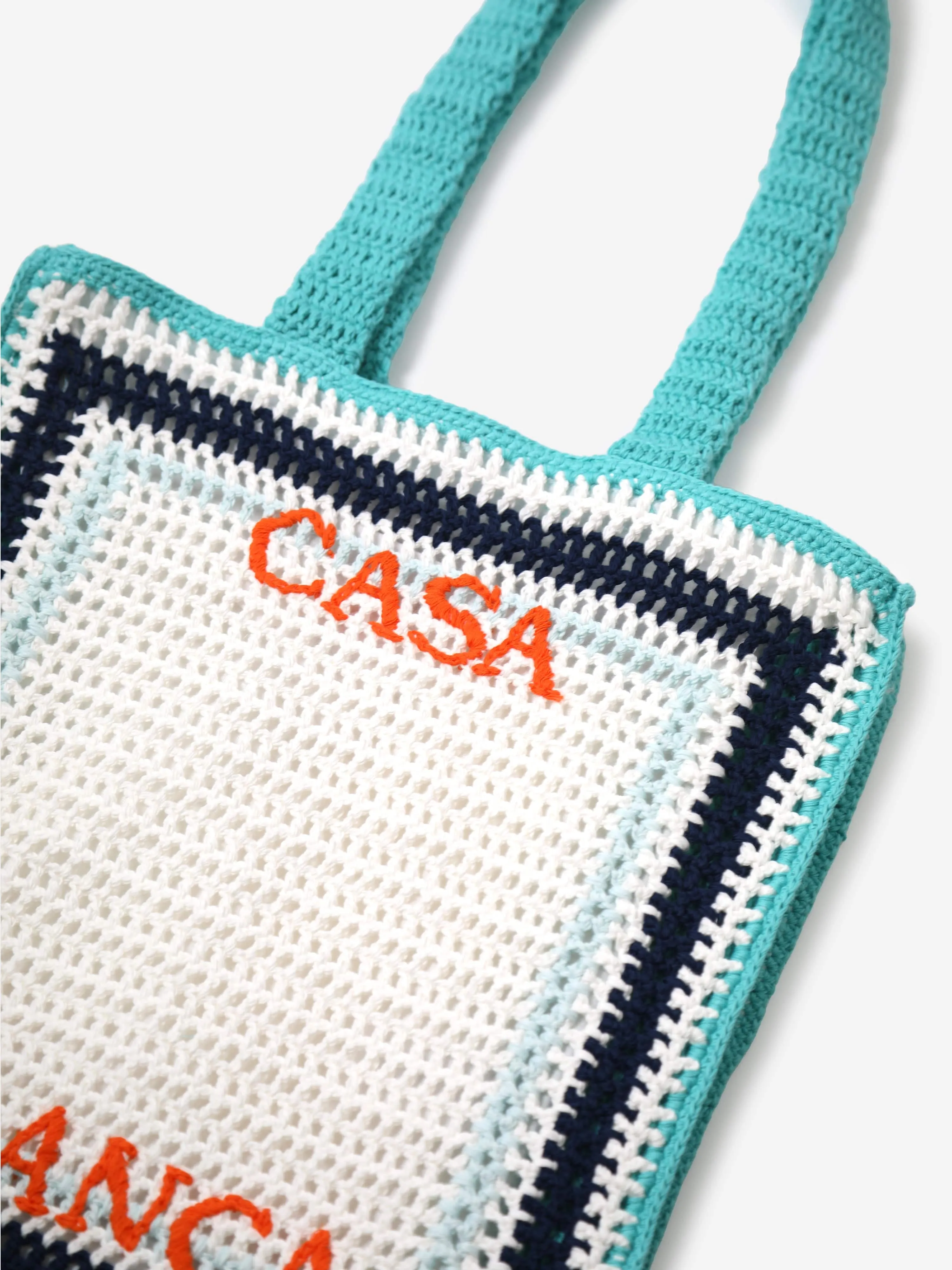 Girls Crochet Tennis Stripe Tote Bag in Blue (36cm)