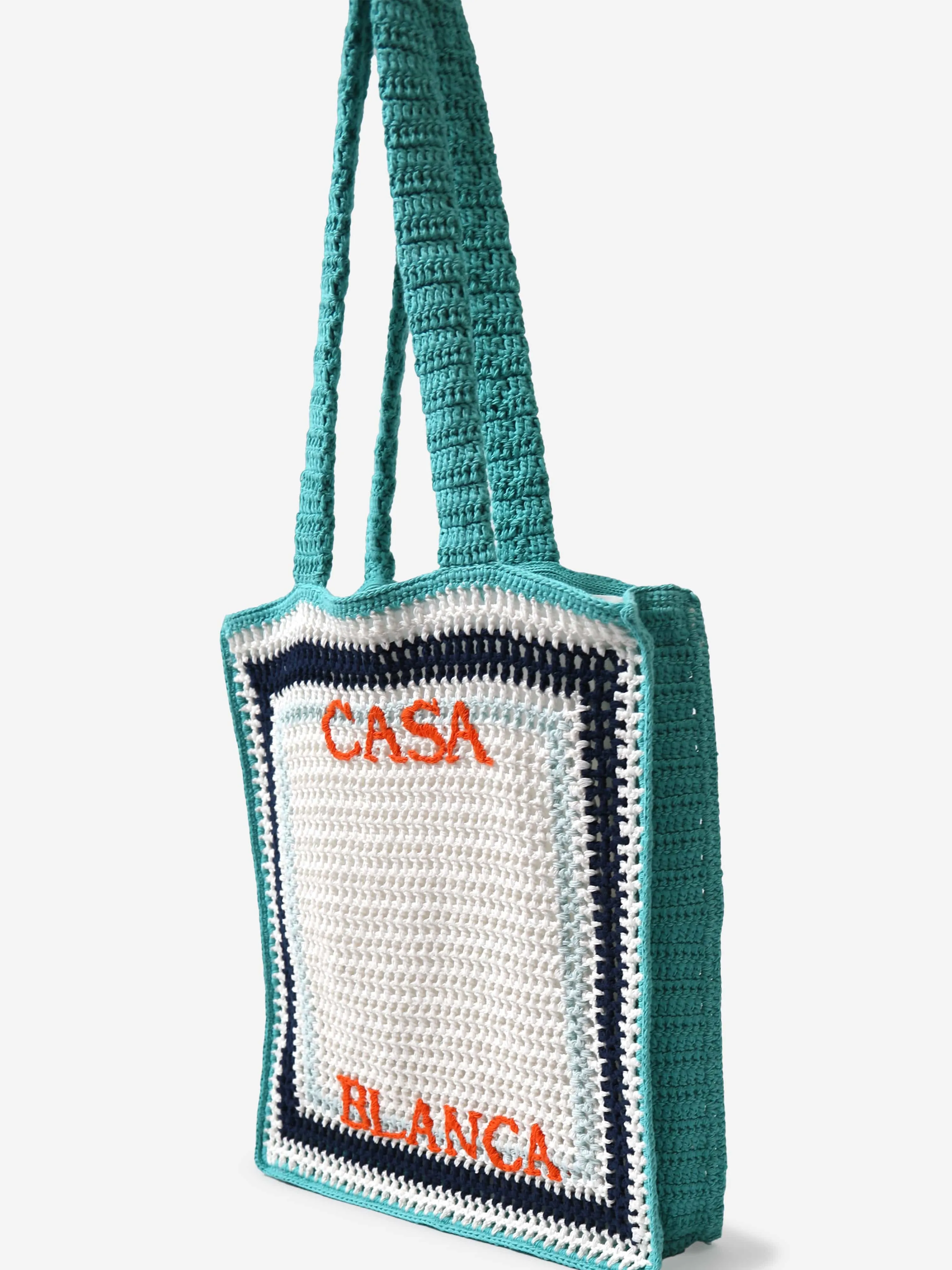 Girls Crochet Tennis Stripe Tote Bag in Blue (36cm)