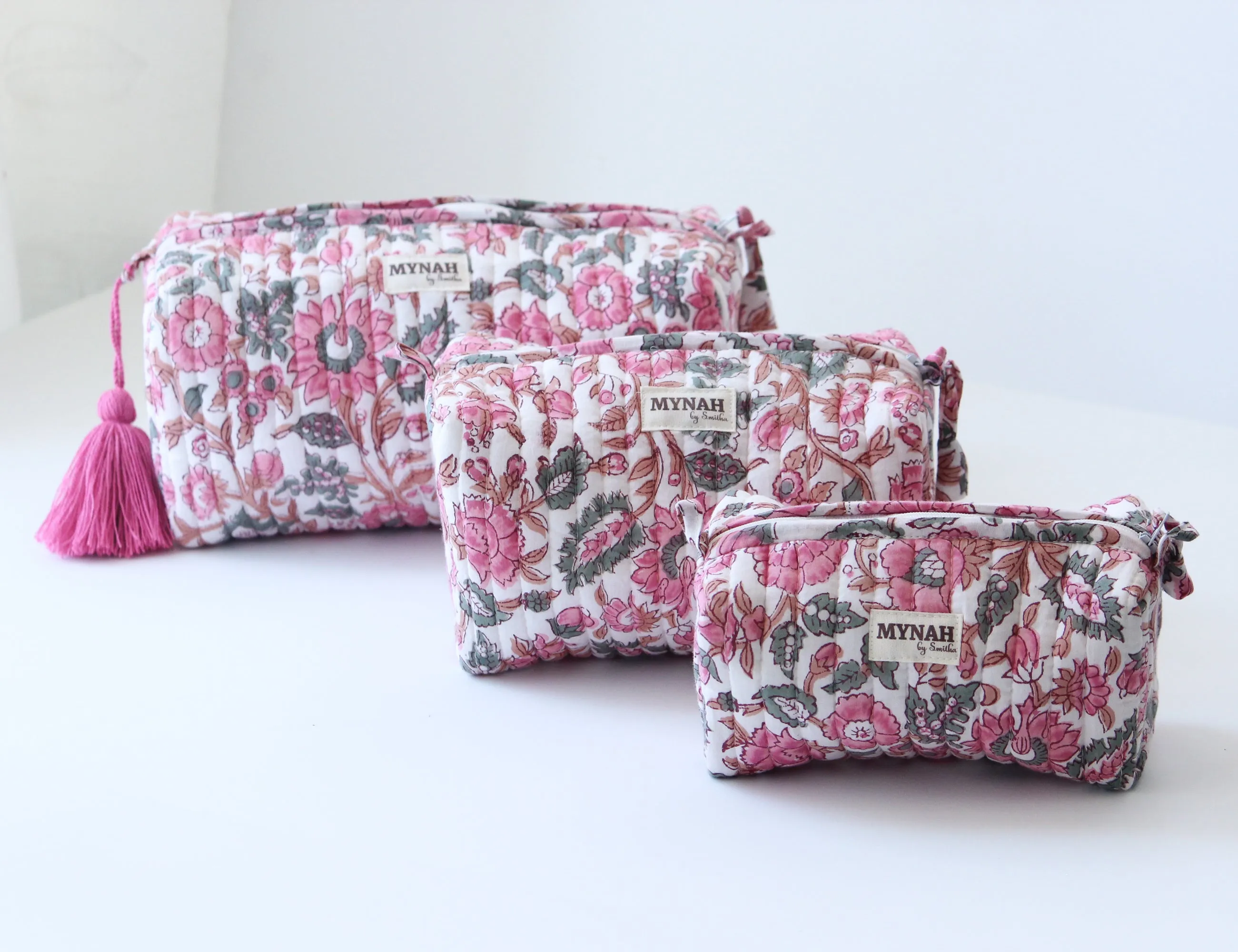 'GULAB ROSE' hand block printed quilted travel/makeup zipper pouch-set of 3