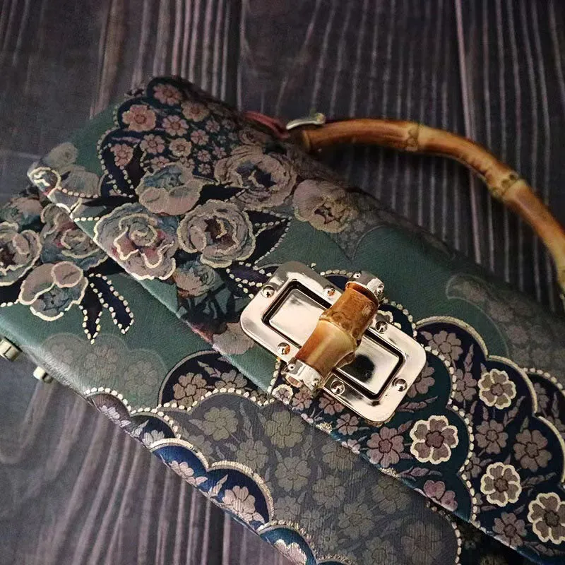 Handmade Vintage Green Roses and Flowers Bamboo Handle Silk Clutch