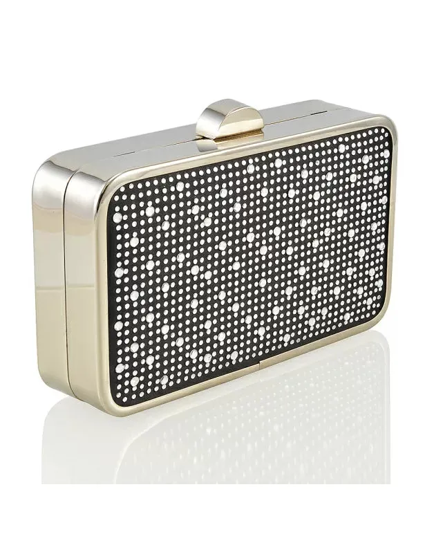 JASMINE CHROME PLATED DETAIL CLASP DIAMANTE CLUTCH EVENING BAG IN BLACK SATIN