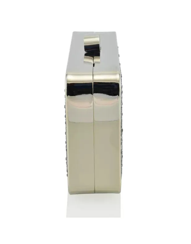 JASMINE CHROME PLATED DETAIL CLASP DIAMANTE CLUTCH EVENING BAG IN BLACK SATIN
