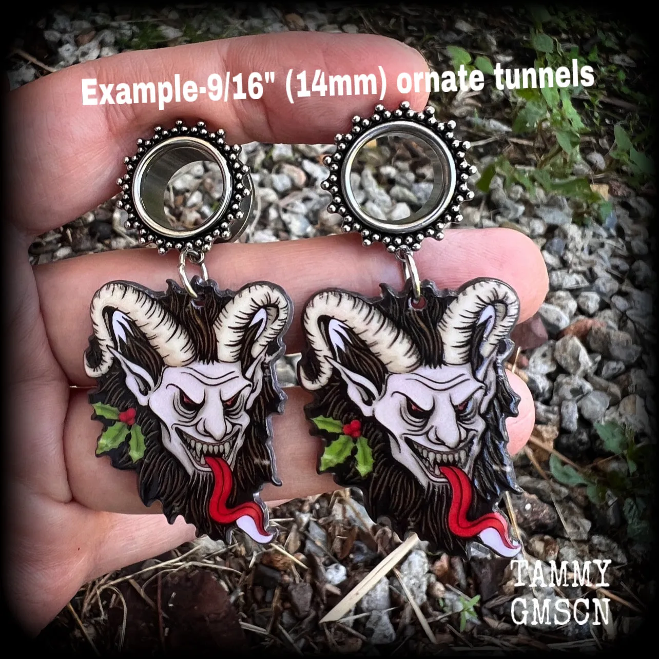 Krampus monster tunnel earrings-Christmas tunnel dangles
