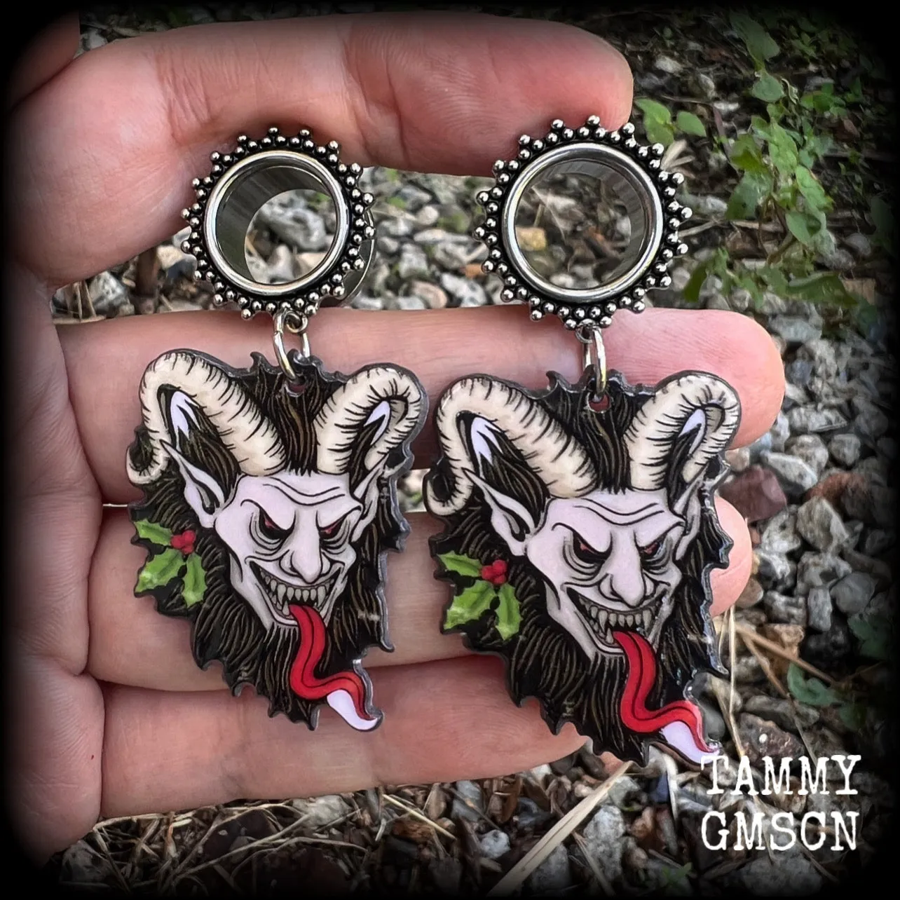 Krampus monster tunnel earrings-Christmas tunnel dangles