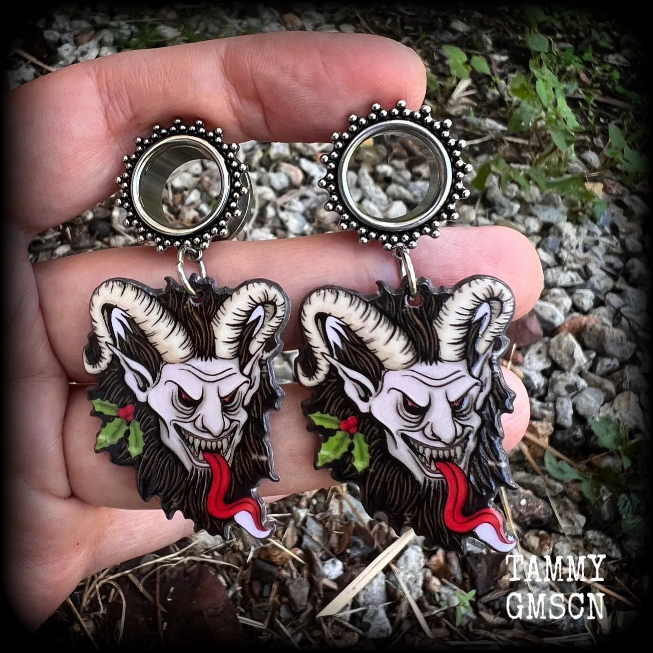 Krampus monster tunnel earrings-Christmas tunnel dangles