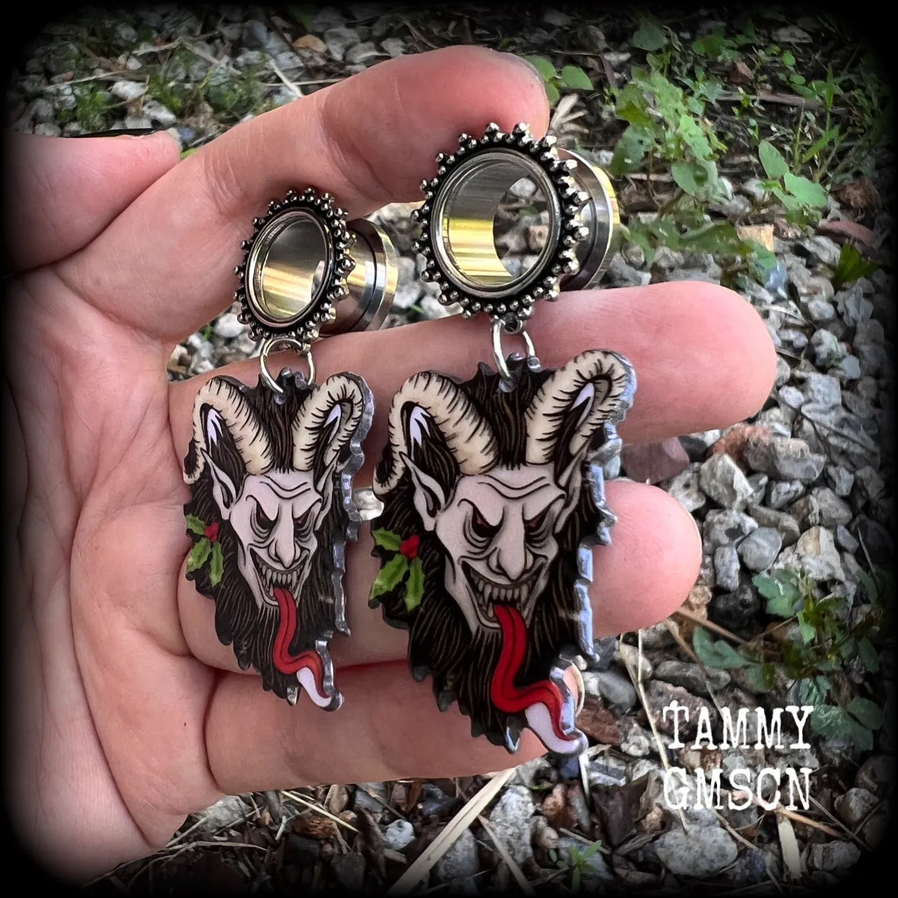 Krampus monster tunnel earrings-Christmas tunnel dangles