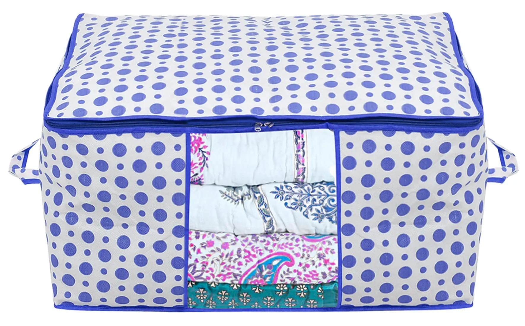 Kuber Industries Dot Printed Multiuses Non Woven Underbed/Storage Bag/Organizer With Transparent Window & Handle Pack of 2 (Blue)-46KM0601