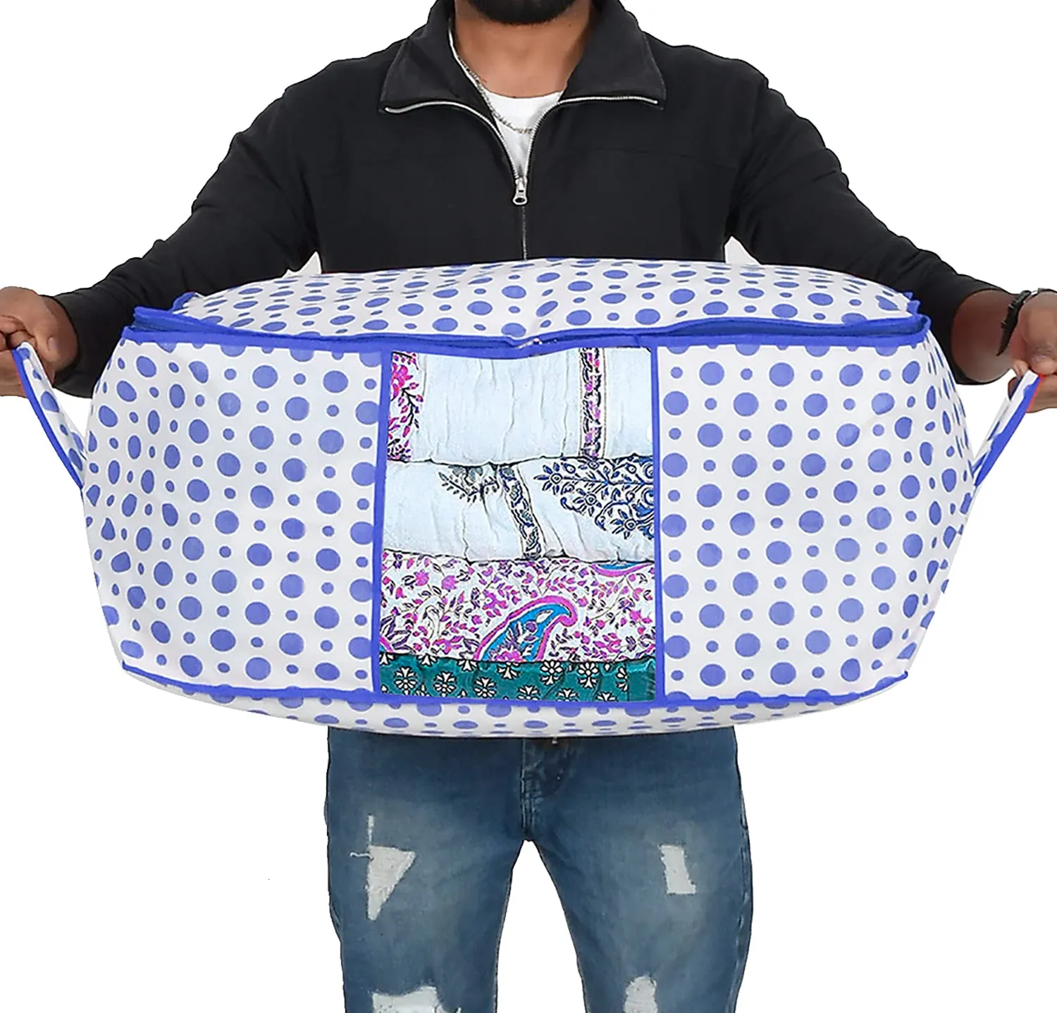 Kuber Industries Dot Printed Multiuses Non Woven Underbed/Storage Bag/Organizer With Transparent Window & Handle Pack of 2 (Blue)-46KM0601