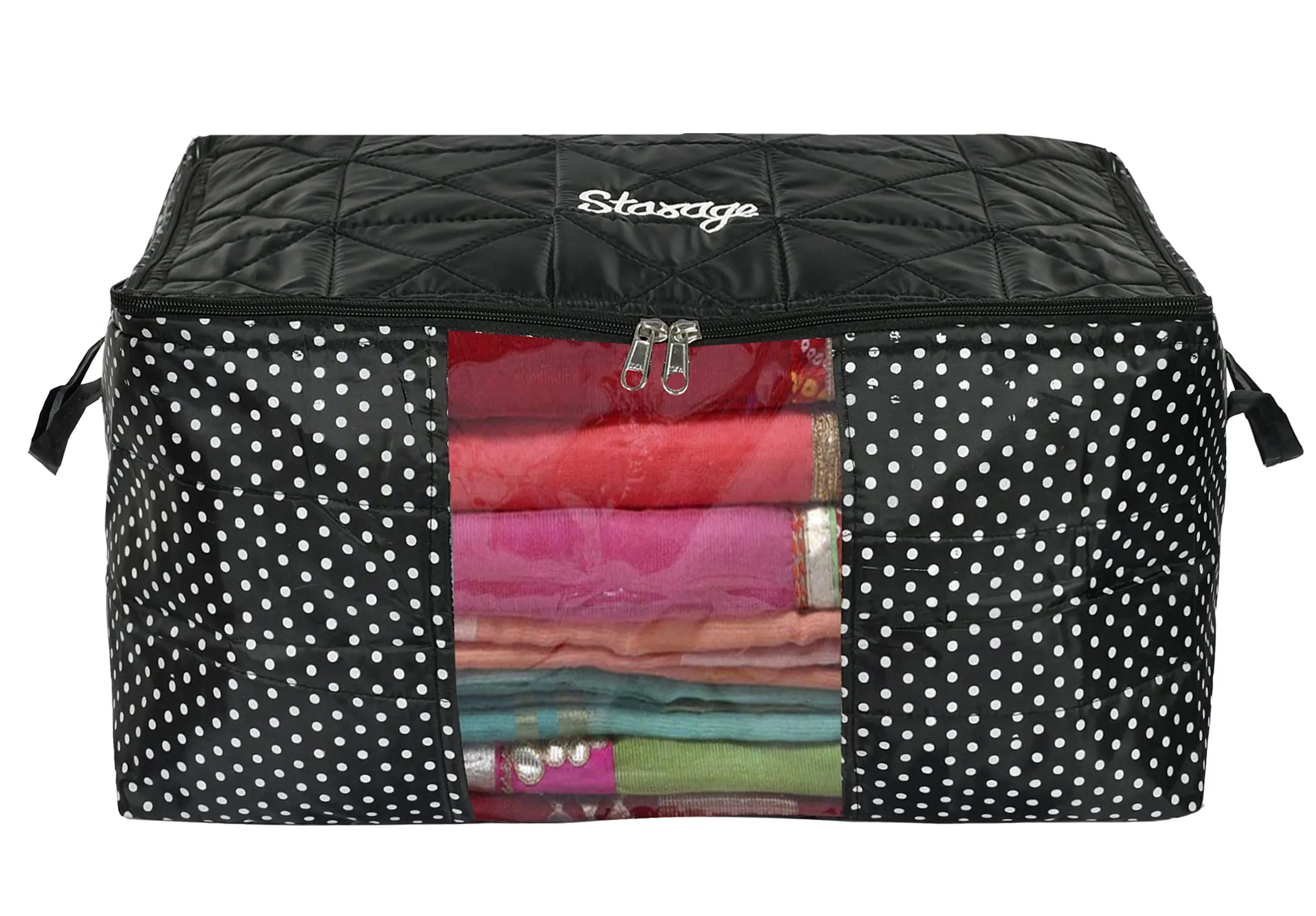 Kuber Industries Dot Printed Parachute Saree Cover Storage Bags for Clothes, Saree Organizer for Wardrobe, Organizers for Clothes With Handle-Pack of 2 (Black)