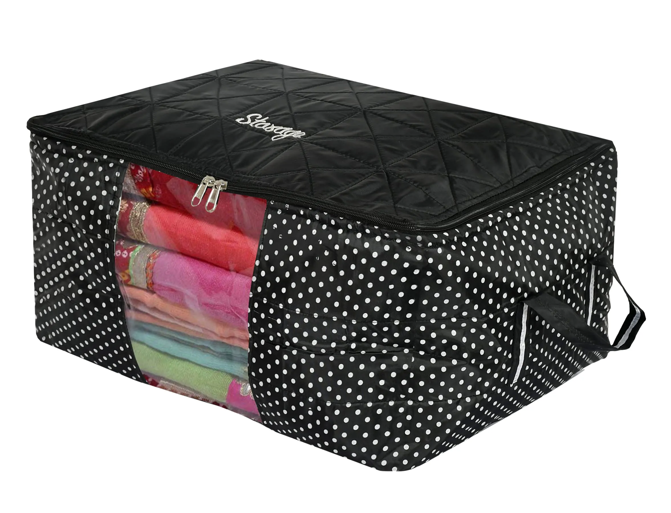 Kuber Industries Dot Printed Parachute Saree Cover Storage Bags for Clothes, Saree Organizer for Wardrobe, Organizers for Clothes With Handle-Pack of 2 (Black)