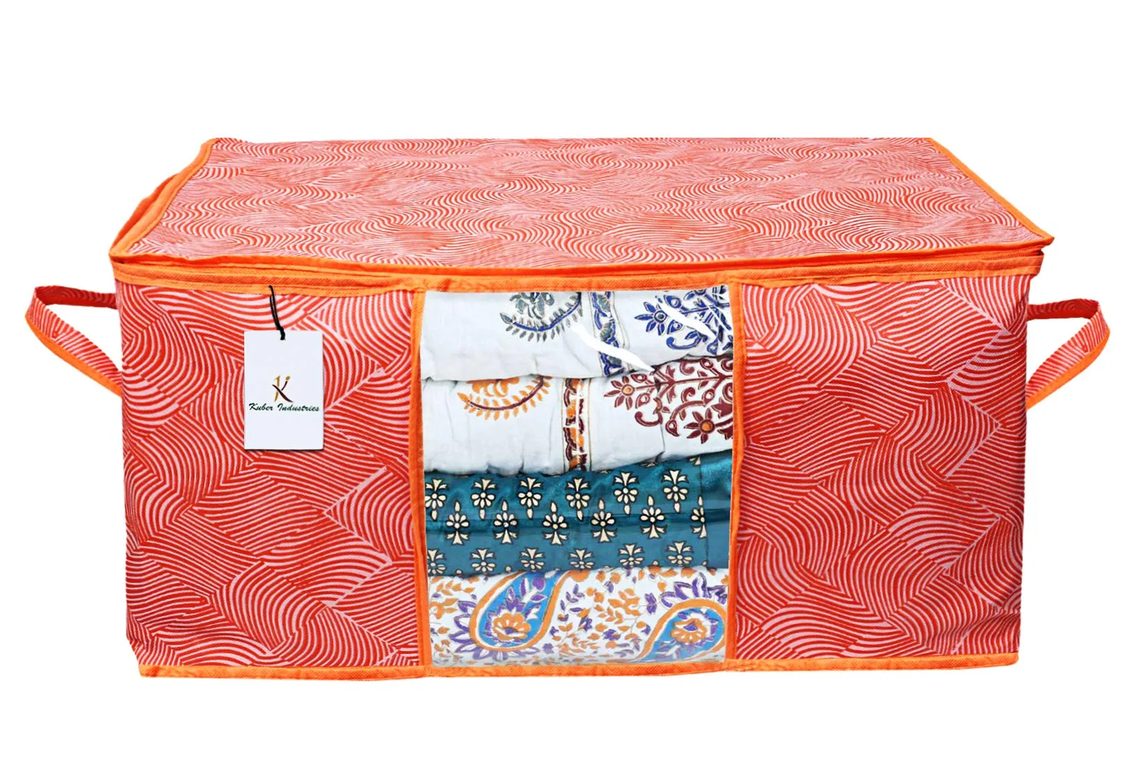 Kuber Industries Leheriya Design Rectangular Underbed Storage Organizer, Blanket Cover (Orange, Extra Large Size), Set of 2