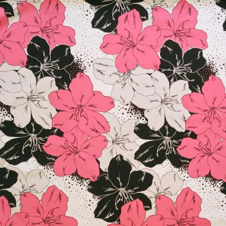 Large Pink and Black Flower  Fabric-White PC054P WHT-0012C