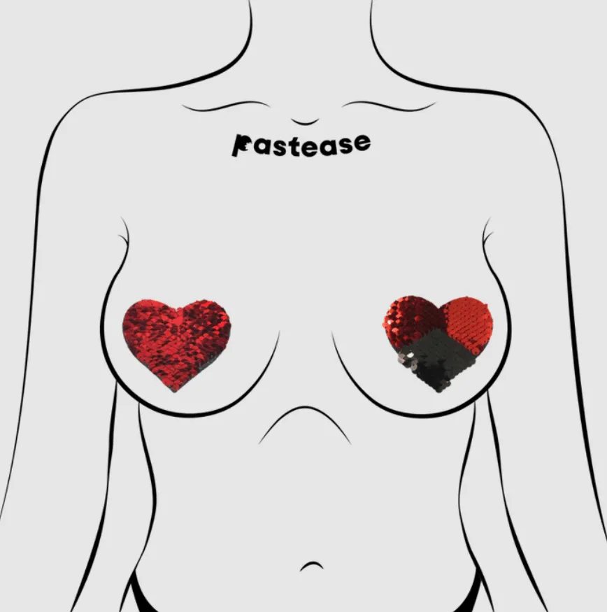 Love: Red & Black Color Changing Sequin Heart Nipple Pasties