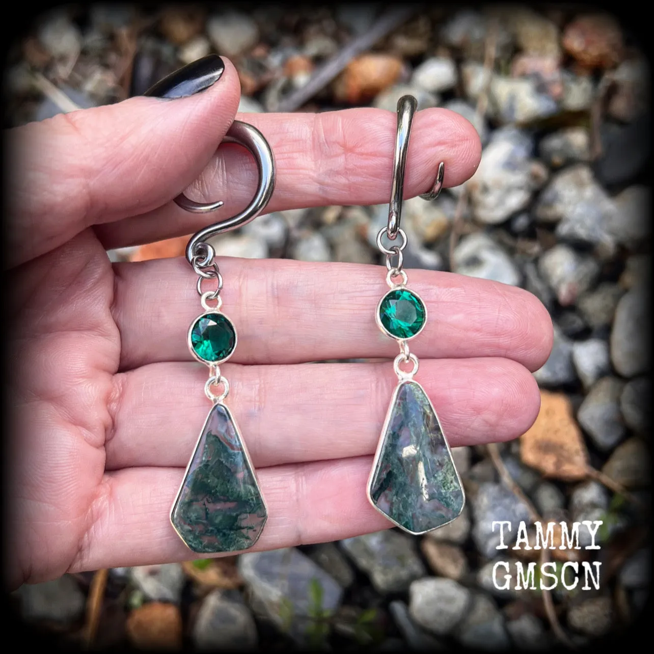 Moss jasper gauged earrings-Gemstone ear hangers