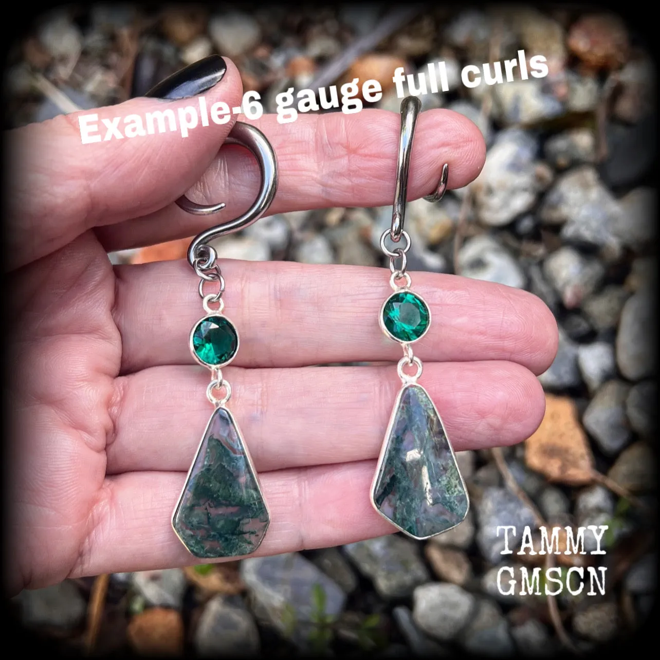 Moss jasper gauged earrings-Gemstone ear hangers