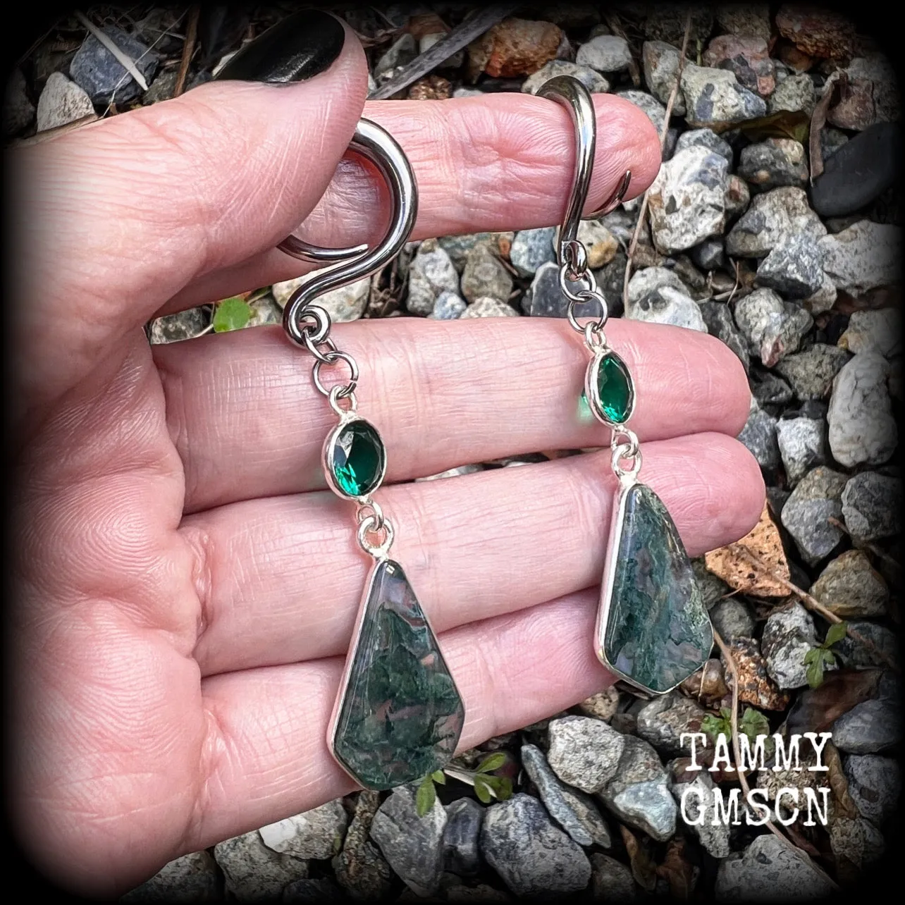 Moss jasper gauged earrings-Gemstone ear hangers