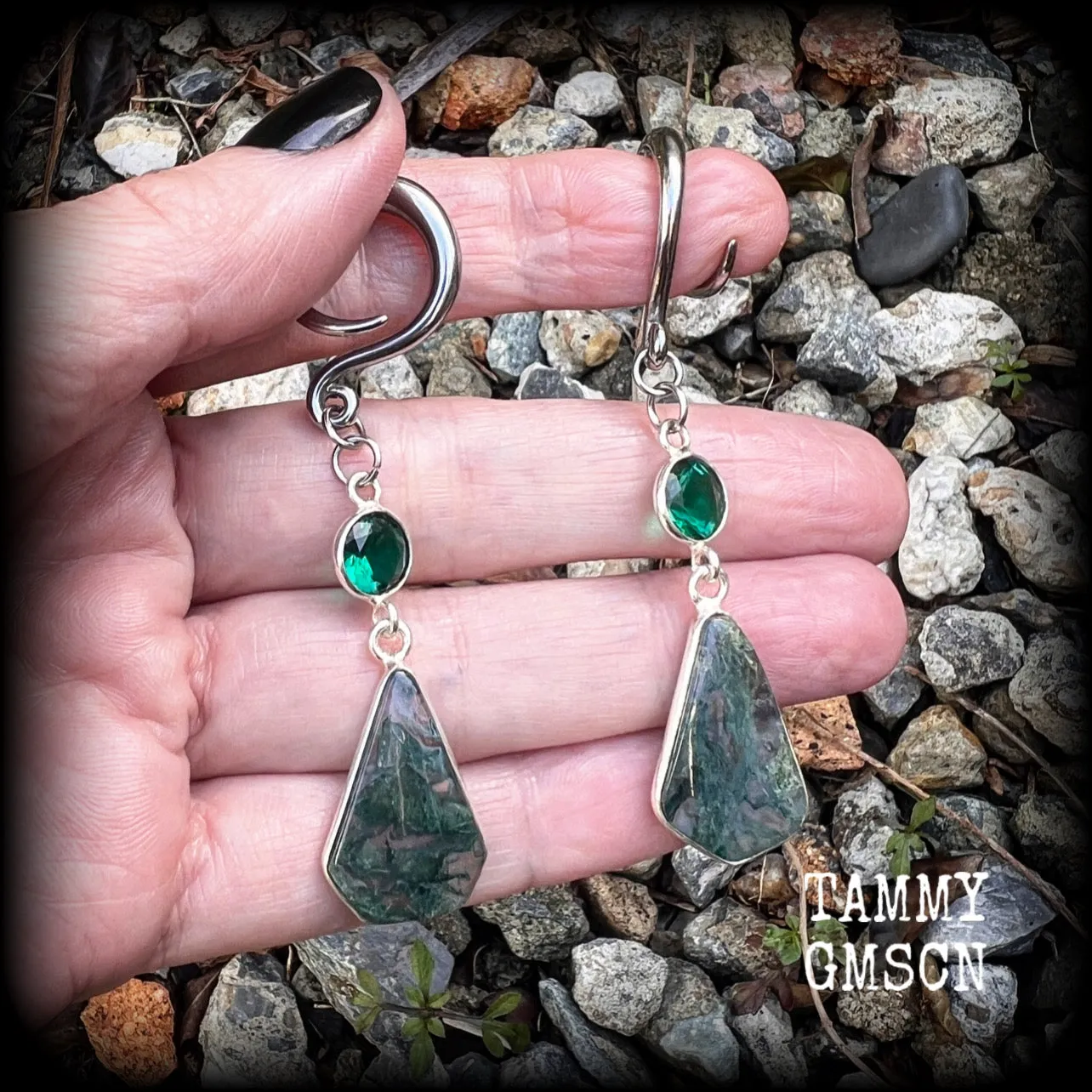 Moss jasper gauged earrings-Gemstone ear hangers