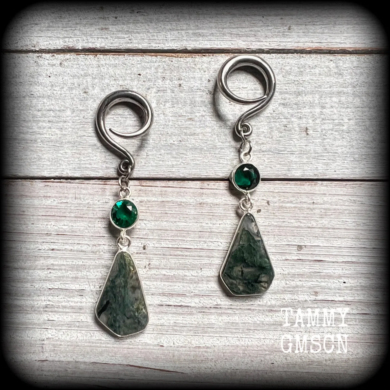 Moss jasper gauged earrings-Gemstone ear hangers