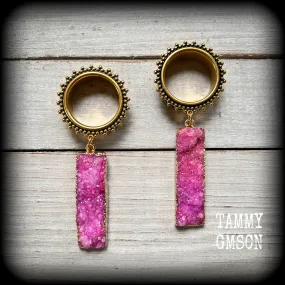 Ornate Pink druzy boho tunnel dangles