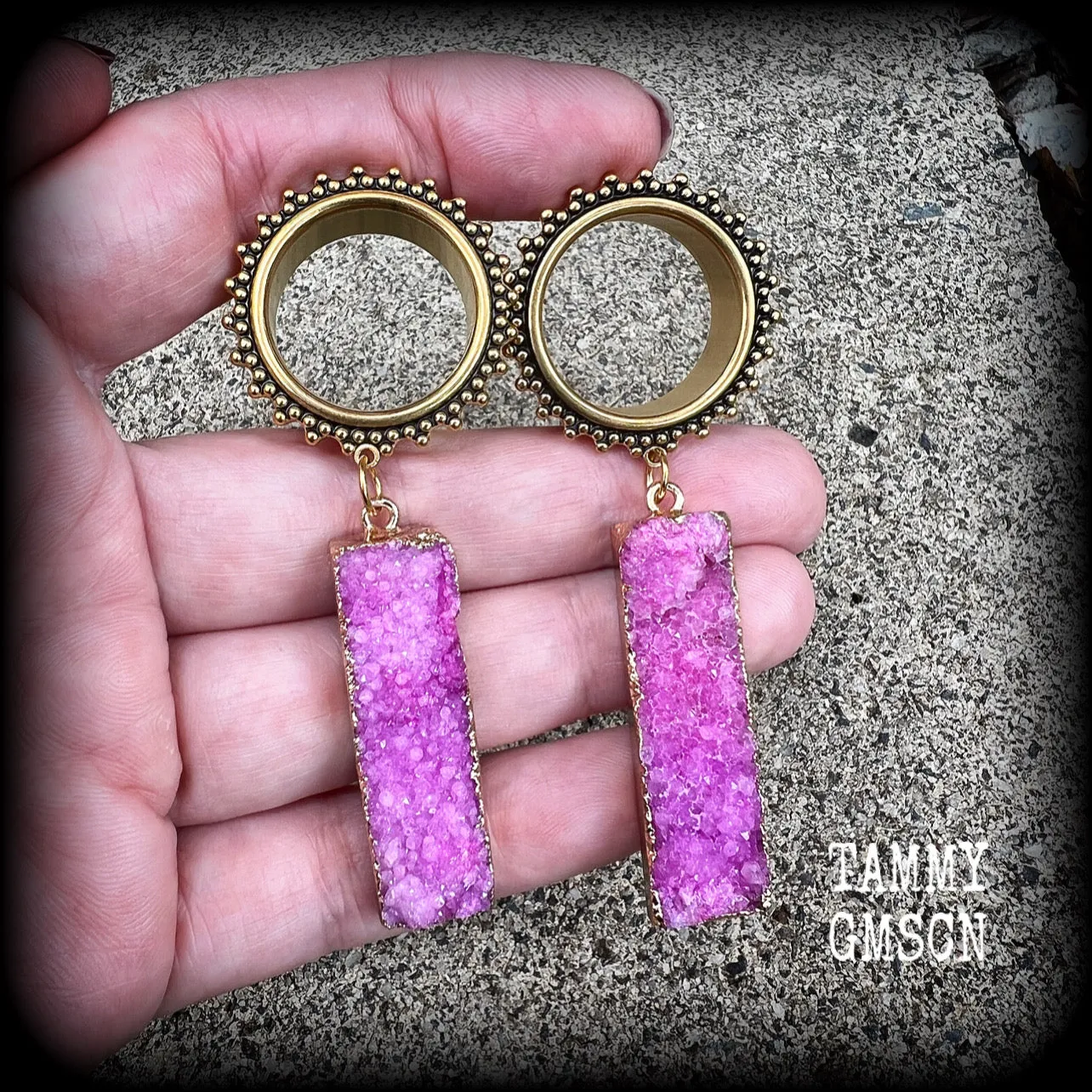 Ornate Pink druzy boho tunnel dangles