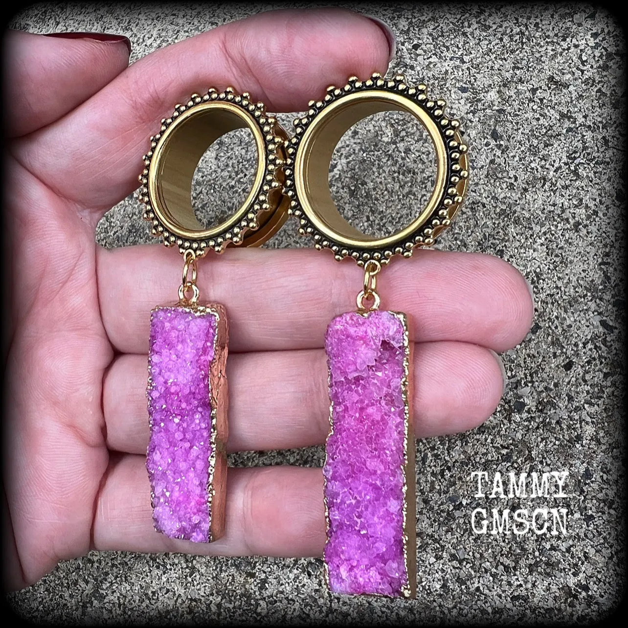 Ornate Pink druzy boho tunnel dangles