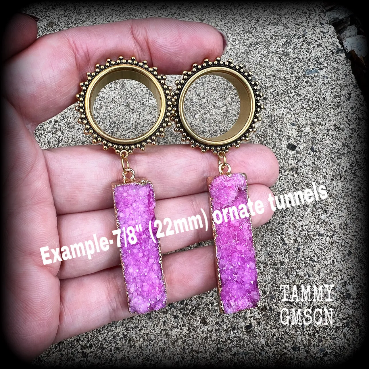 Ornate Pink druzy boho tunnel dangles