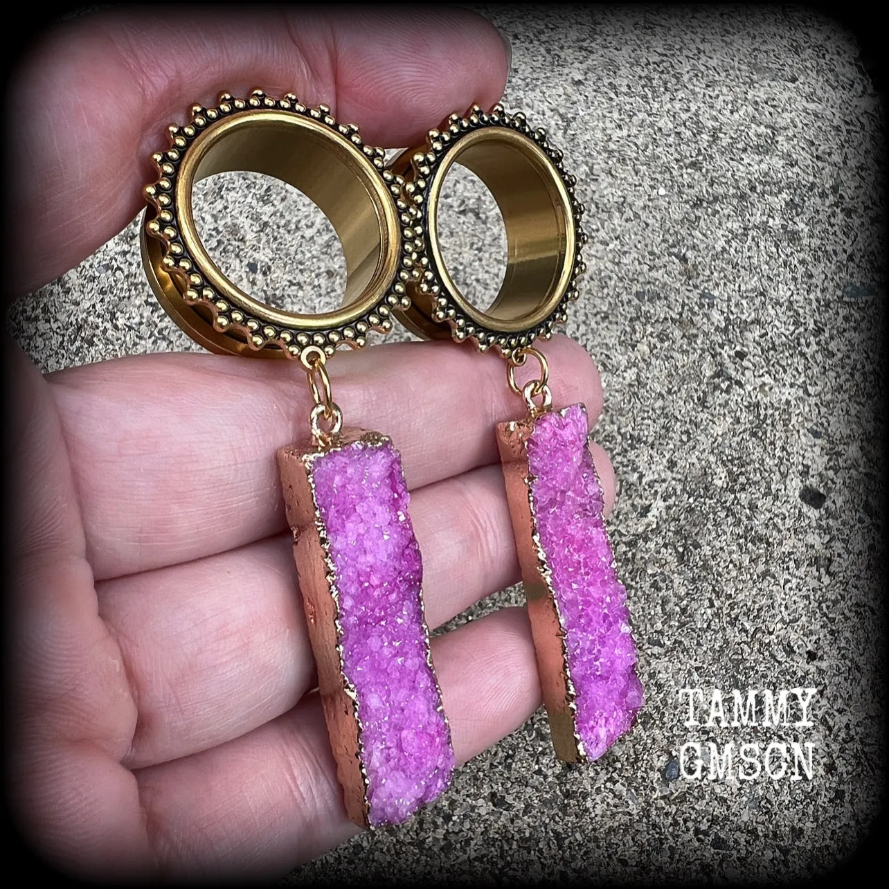 Ornate Pink druzy boho tunnel dangles