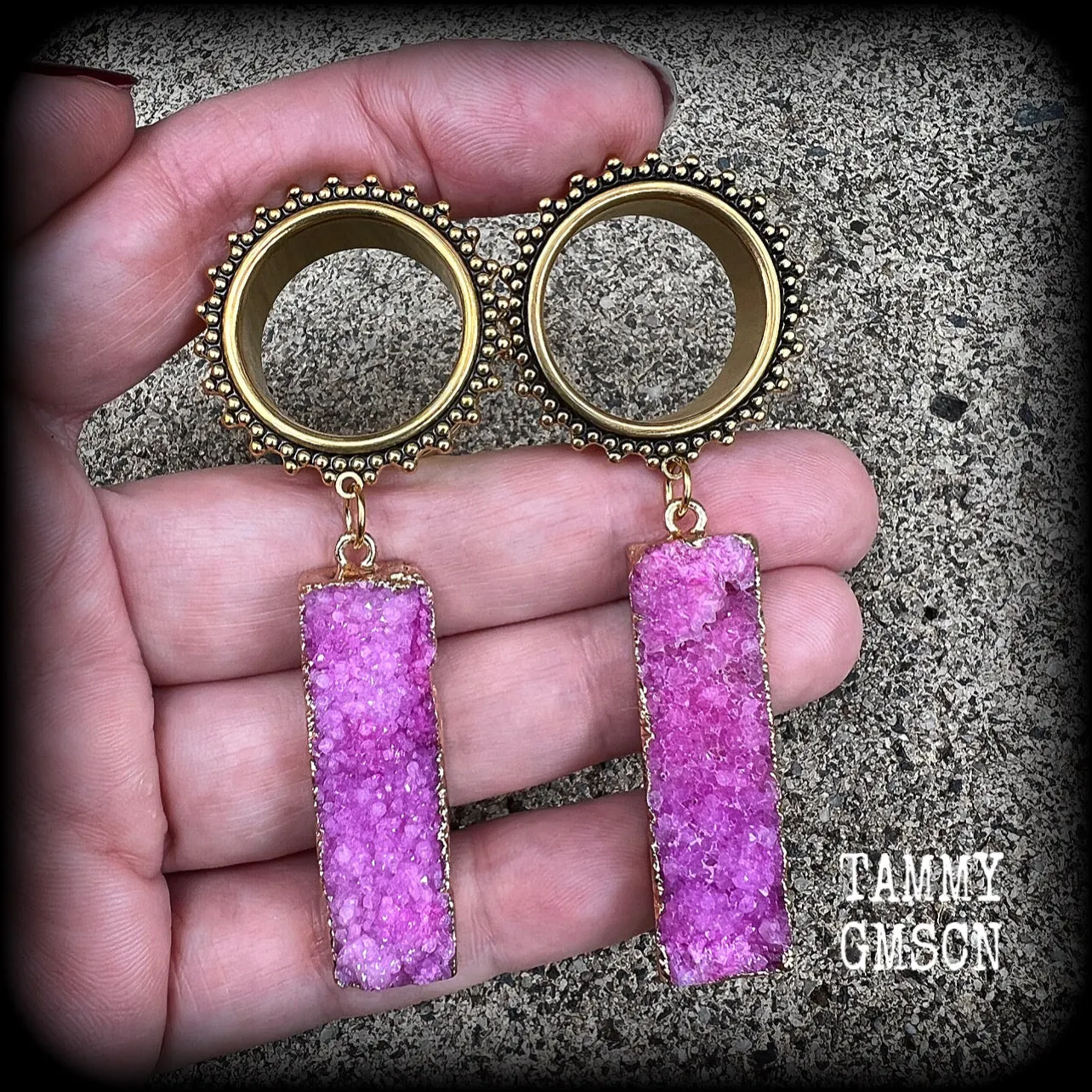 Ornate Pink druzy boho tunnel dangles