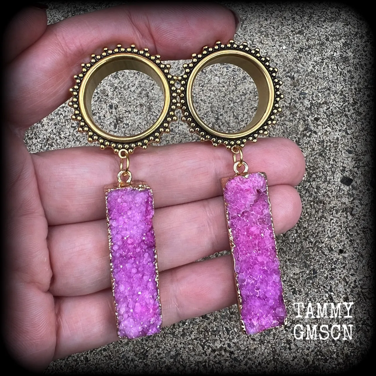 Ornate Pink druzy boho tunnel dangles