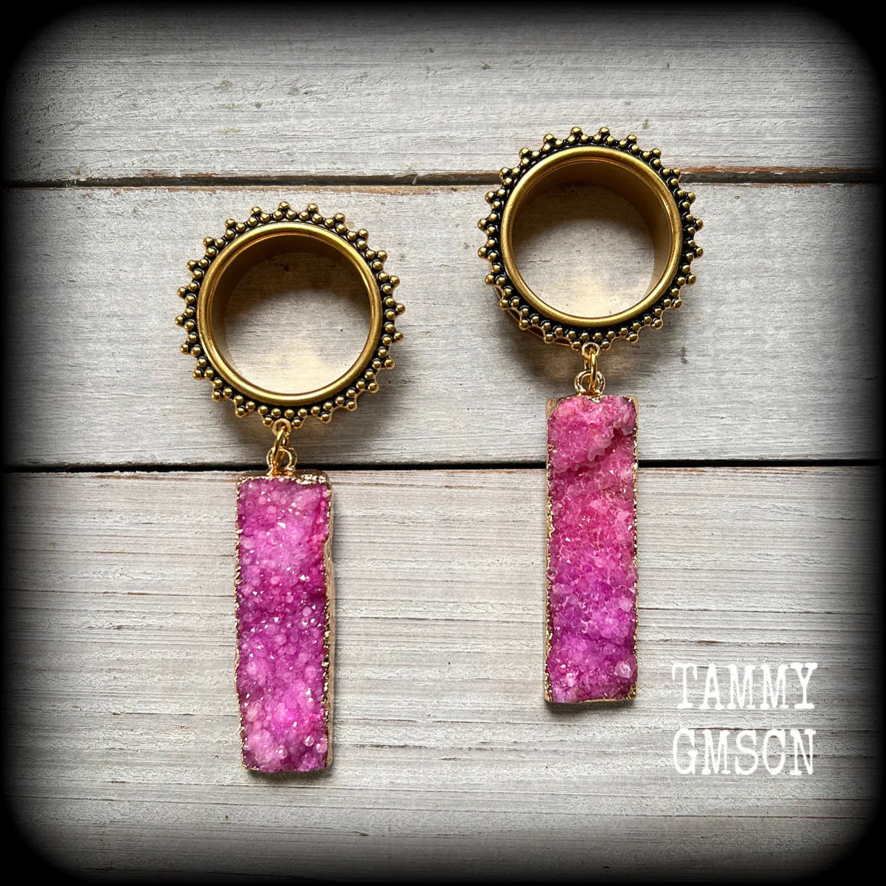 Ornate Pink druzy boho tunnel dangles