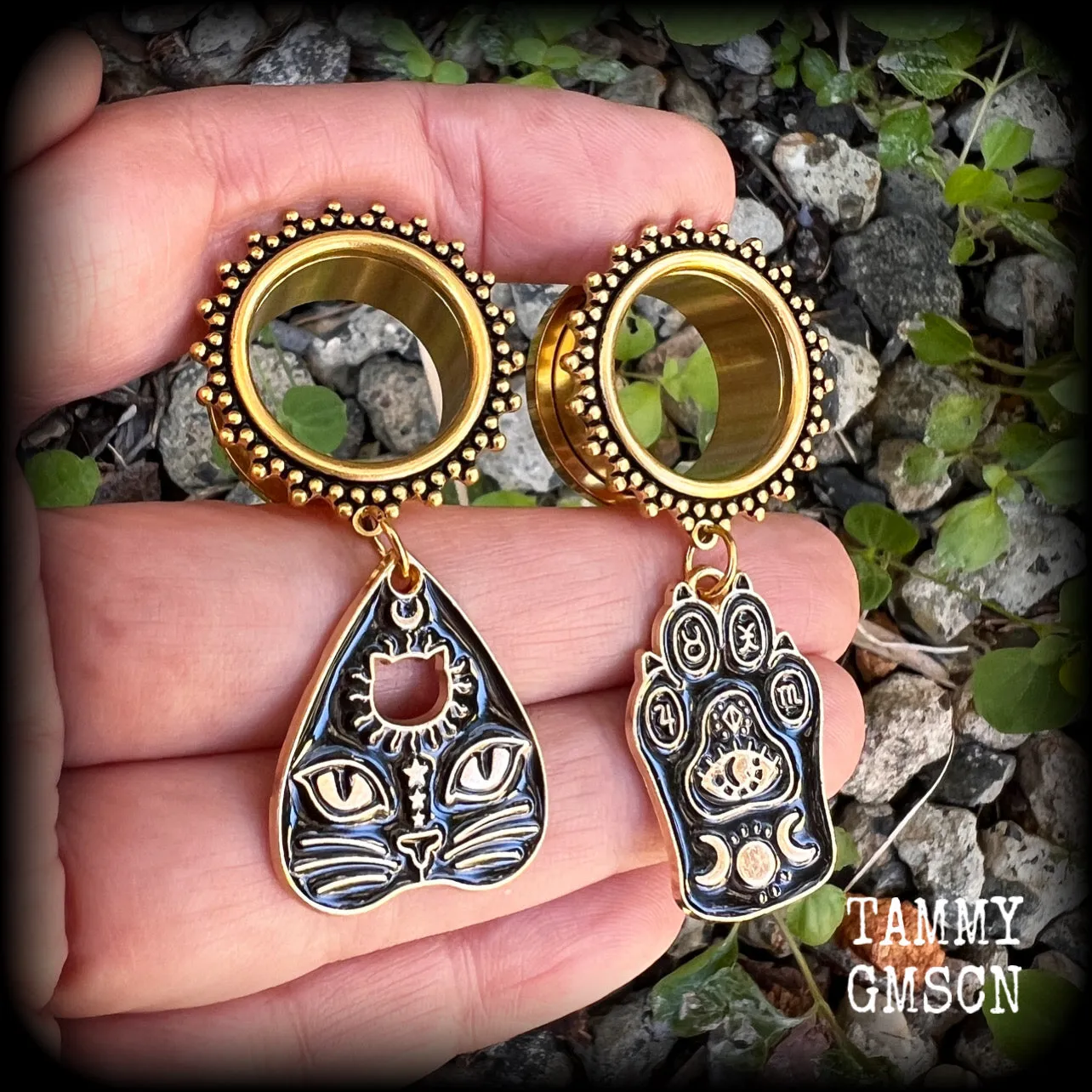 Ouija planchette tunnel earrings-Witchy cat ear gauges