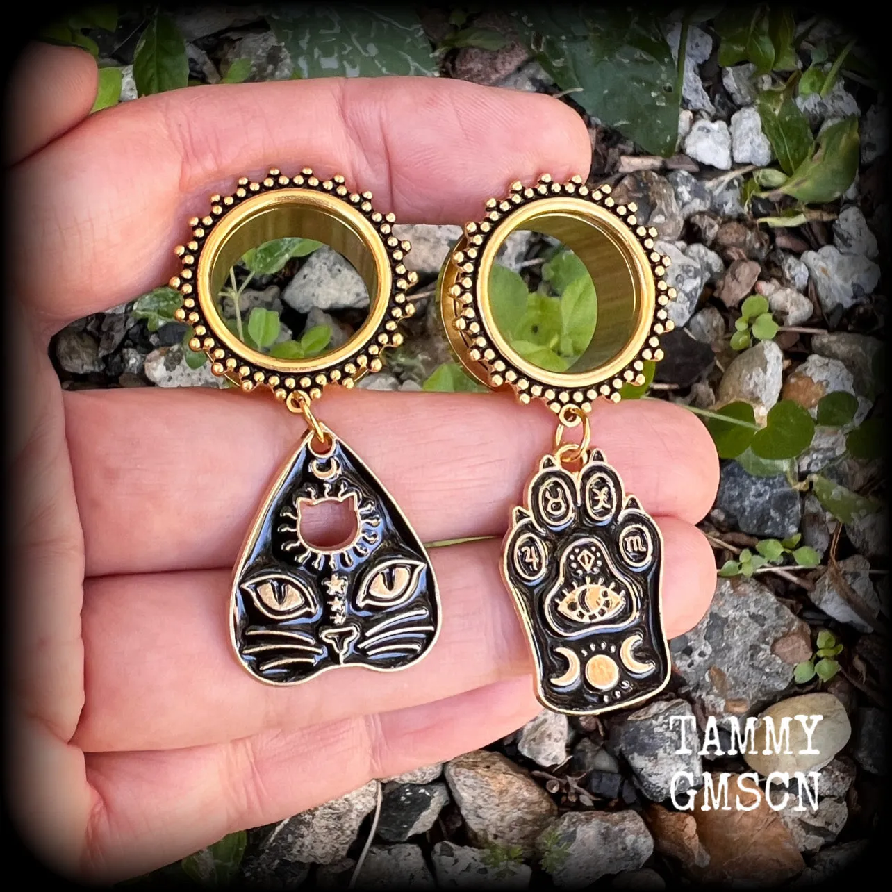 Ouija planchette tunnel earrings-Witchy cat ear gauges